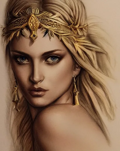 Image similar to tattoo design sketch of hot blonde super model as aphrodite greek goddess wearing a gold laurel wreath and triangle earrings, beautiful piercing gaze with sharp pupils, in the style of greg rutkowski, fantasy, amazing detail, epic, elegant, smooth, sharp focus, front view