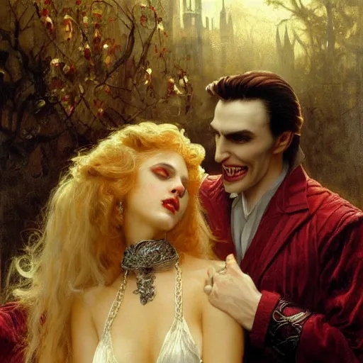 Image similar to attractive male, arthur pendragon confesses his love to attractive male dracula the vampire. highly detailed painting by gaston bussiere, craig mullins, j. c. leyendecker 8 k