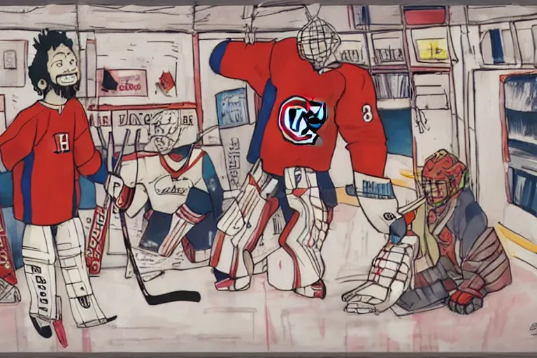 Image similar to habs hockey dressing room, style of studio ghibli + moebius + basquiat, cute,