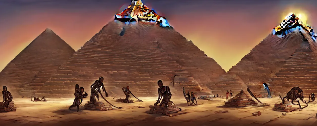 Image similar to an intricate concept art of alien slaves building the egyptian pyramid, concept art, style by dylan cole and tyler edlin and feng zhu, cinematic