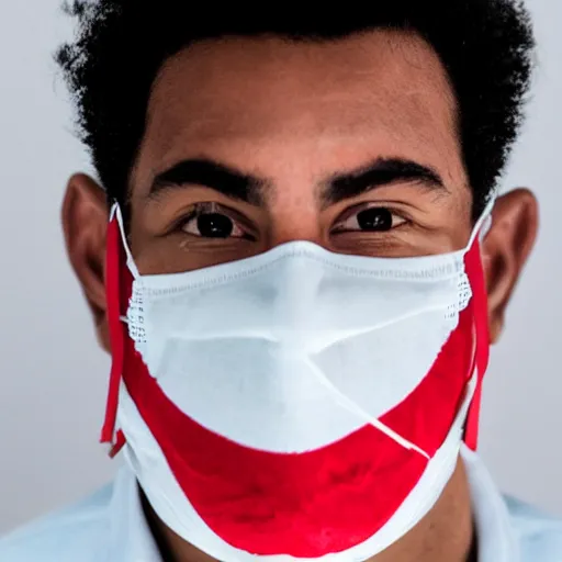 Prompt: a man wearing a white mask with a red stripe on it