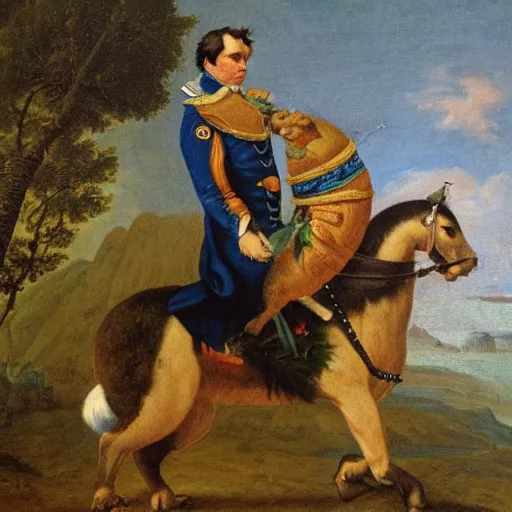 Image similar to a giant squirrel carrying napoleon bonaparte on its back, beach scene with flowers and foliage, detailed oil painting