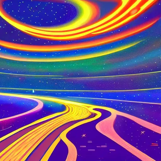 Image similar to interior of cosmic highway created by bosch, beautiful colors, bold architecture, detailed, 4 k