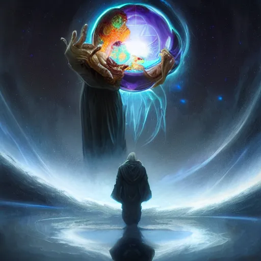 Image similar to the creator of worlds wearing a cloak and holding a holographic planet projection in his hand, detailed, sci - fi, digital painting, artstation, sharp focus, illustration, ominous, artgerm, tomasz alen kopera, peter mohrbacher, donato giancola, joseph christian leyendecker, wlop, frank frazetta