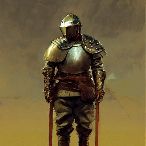 Image similar to man wearing gambeson and sallet helmet and raised sword, detailed by greg manchess, craig mullins, bernie fuchs, walter everett