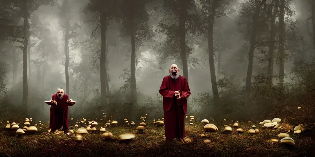 Prompt: a awardwinning wideangle colorchrome photo of a screaming old priest, long beard with 6 eyes, praying. in a forest surrounded by huge mushrooms, beautiful cinematic atmospheric lightning, style Steve McCurry, octane 8k render
