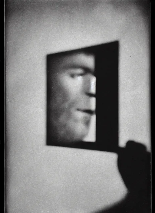 Image similar to a man looking out a window in the afternoon, flash polaroid photo by george hurrell, hazy light rays