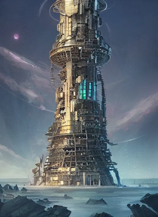 Image similar to A beautiful digital painting of a science fiction tower, crystal lake, by Stanley Artgerm Lau, Rossdraws, James Jean, gerald brom, Andrei Riabovitchev, Marc Simonetti, and Sakimichan, trending on artstation