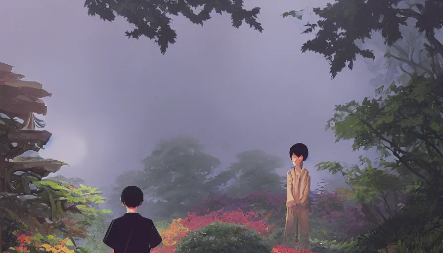 Image similar to ilya kuvshinov illustration of a boy bored in a temple garden filled with yokai and spirits, spirits in the garden, hazy and misty, magical feeling, uhd, high detail, by ilya kuvshinov