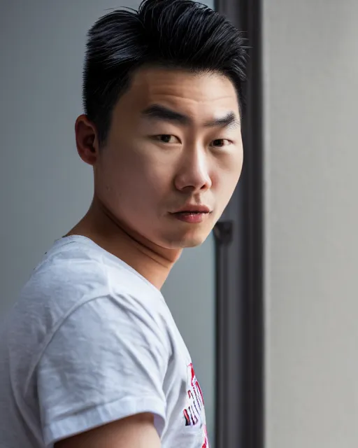 Image similar to hyper realistic photo of an asian male, gold, 8 k, 8 5 mm f 1. 8