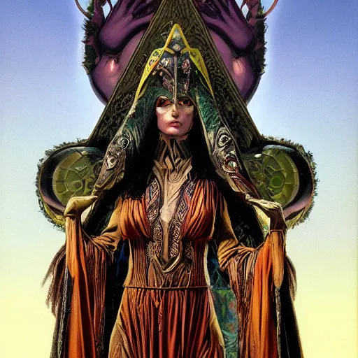 Image similar to seductive, clothed science fiction mutant byzantine priestess with long neck and geometric headdress and mask, by boris vallejo, deak ferrand, and greg rutkowski