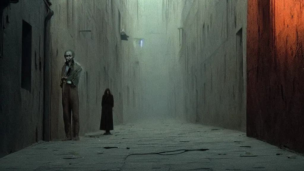 Image similar to the creature in the alley, film still from the movie directed by denis villeneuve and david cronenberg with art direction by salvador dali and zdzisław beksinski, wide lens