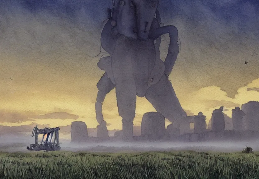 Image similar to a hyperrealist watercolor concept art from a studio ghibli film showing a giant grey mechanized prehistoric creature from howl's moving castle ( 2 0 0 4 ). stonehenge is under construction in the background, in the rainforest on a misty and starry night. by studio ghibli. very dull muted colors