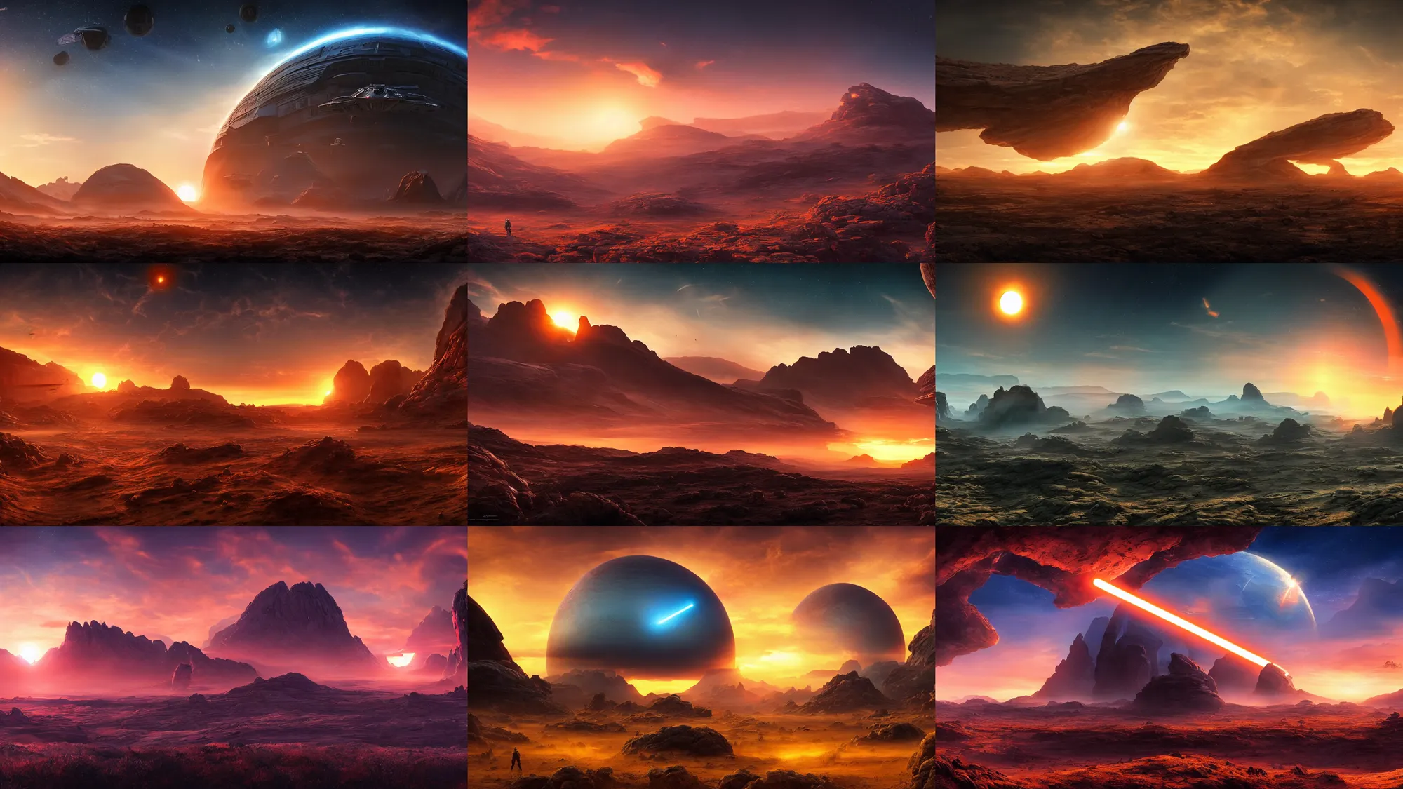 Prompt: a landscape of an alien planet, sunset, environment, cinematic composition, cinematic lighting, photo realistic, ultra detailed, magnificent, 4 k, 8 k, foundation, star wars, avatar