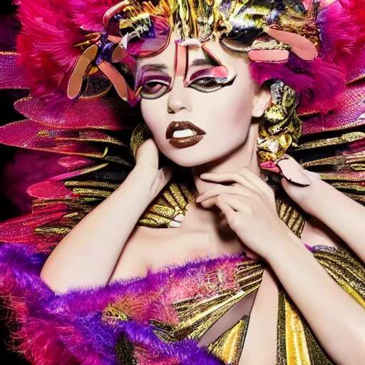 Prompt: a stunning photo of a beautiful female model wearing avant garde dress by rocky gathercole, high fashion, glamour pose, fashion photography, couture, intrinsic design, hyperrealistic, 4 k, photography