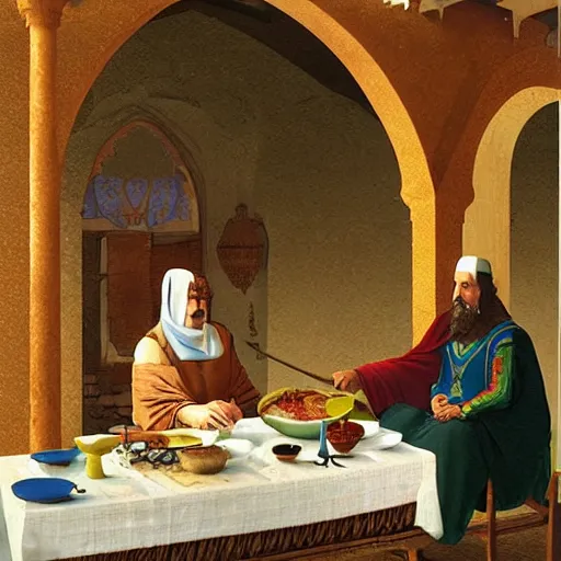 Image similar to ' a medieval turkish nobleman takes breakfast at his coastal manor with his family '. matte painting by angus mcbride, digital matte painting with high fidelity realistic textures and figures.