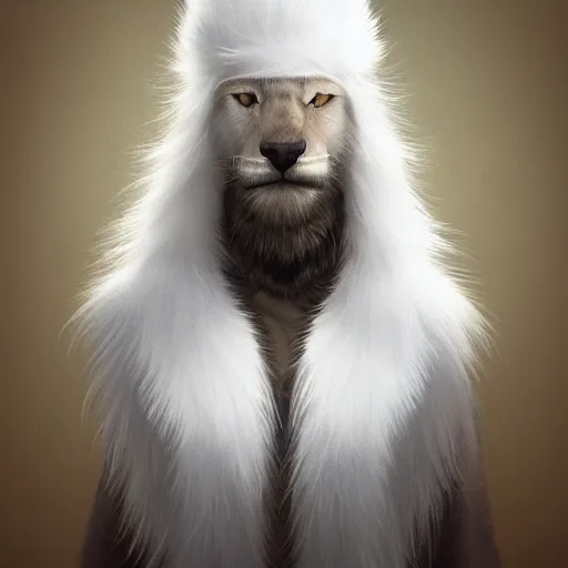 Image similar to portrait of a white panter with a very long fur and wizard hat, fantasy, trending on artstation, heroic pose, illustration, highly detailed, simple, 8k