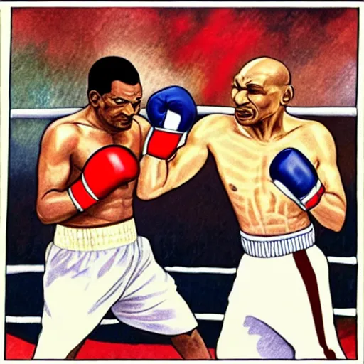 Prompt: Mahatma Gandhi boxing Mike Tyson in a boxing ring, highly detailed