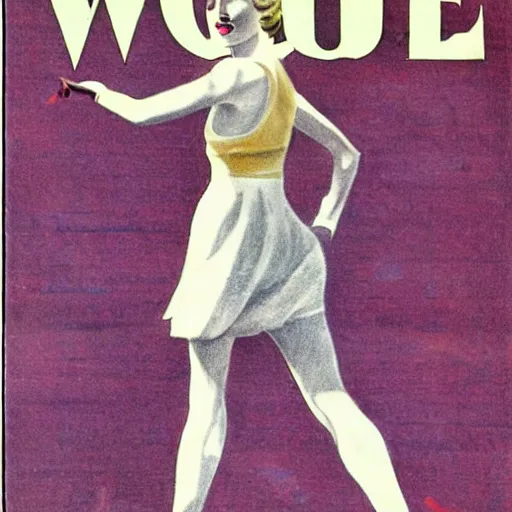 Prompt: a 1 9 2 8 cover of vogue. happy, healthy, beautiful, smiling, young, sporty, glowing greta garbo in decent athletic wear. realistic detailed color drawing