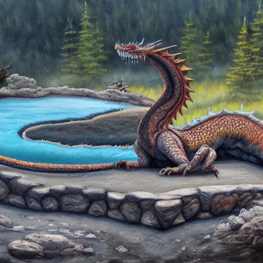Prompt: highly detailed oil painting of a dragon resting in a hotspring at yellowstone national park, featured on artstation