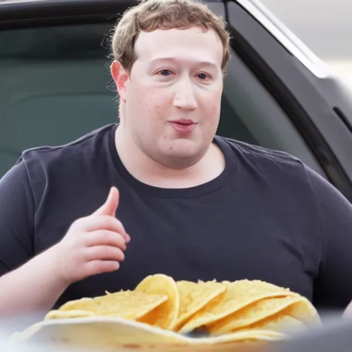 Image similar to fat mark zuckerberg sitting in a car eating tacos