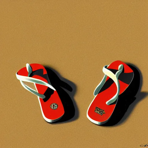 Image similar to a concept art of a pair of flip flops in the sand, by Craig mullins, Steve Purcell, Ralph McQuarrie. Centered image, no background
