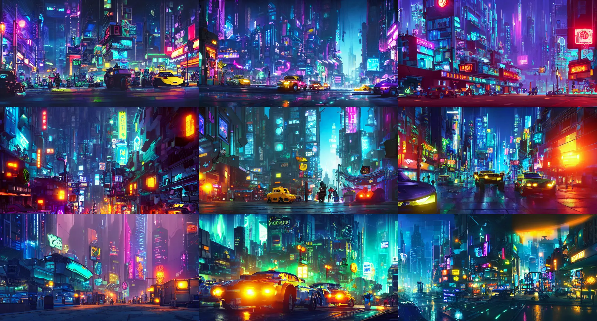 Prompt: Cyberpunk city at night, realistic lighting, pixar color script painting by Lou Romano, Dreamworks, Disney Pixar, acescg colorspace, cool blue night color palette, lego batman movie color script, dark lighting