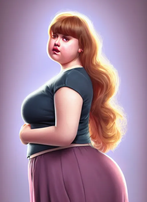 Image similar to full body portrait of teenage betty cooper, obese, bangs, ponytail, sultry, realistic, sultry smirk, ponytail hairstyle, fluffy bangs, curly bangs, skirt, fat, belly, intricate, elegant, highly detailed, digital painting, artstation, concept art, smooth, sharp focus, illustration, art by wlop, mars ravelo and greg rutkowski