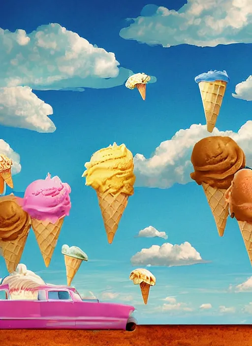 Prompt: ice cream floating in the sky over a tropical island by ralph goings, digital art