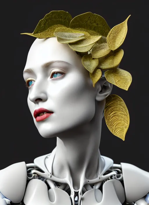 Image similar to complex 3d render ultra detailed of a beautiful porcelain profile woman face, mechanical cyborg, 150 mm, beautiful natural soft light, rim light, studio light, elegant gold details, magnolia big leaves and stems, roots, fine foliage lace, mesh wire, intricate details, hyperrealistic, mandelbrot fractal, anatomical, red lips, white metal armor, facial muscles, cable wires, microchip, elegant, octane render, H.R. Giger style, 8k