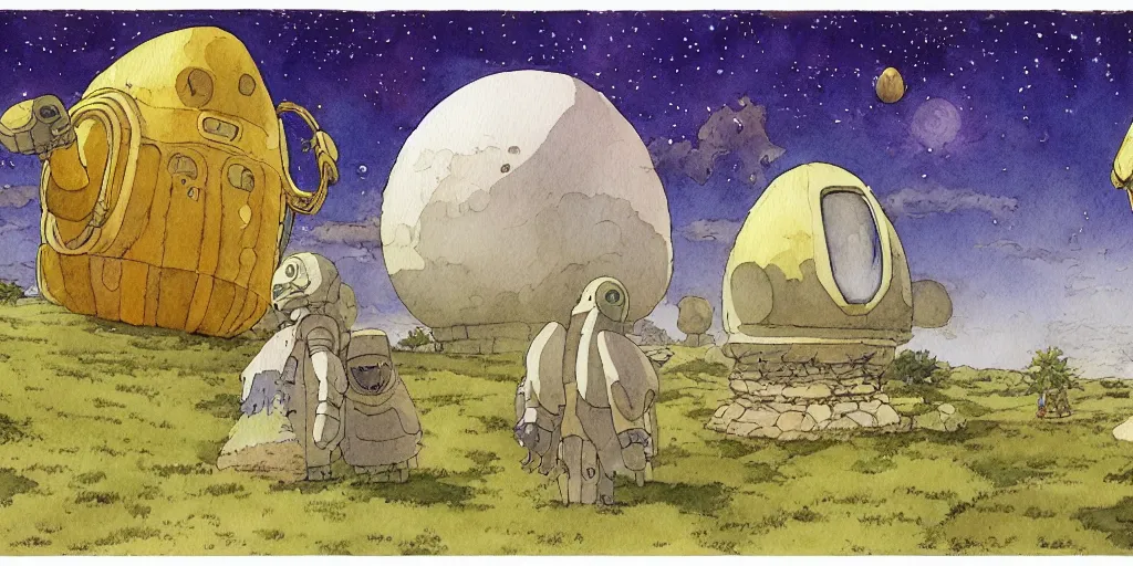 Prompt: a hyperrealist studio ghibli watercolor fantasy concept art of a giant alien and a small grey alien with a yellow robe in stonehenge in the early morning. a giant gold ufo is floating in the air. by rebecca guay, michael kaluta, charles vess