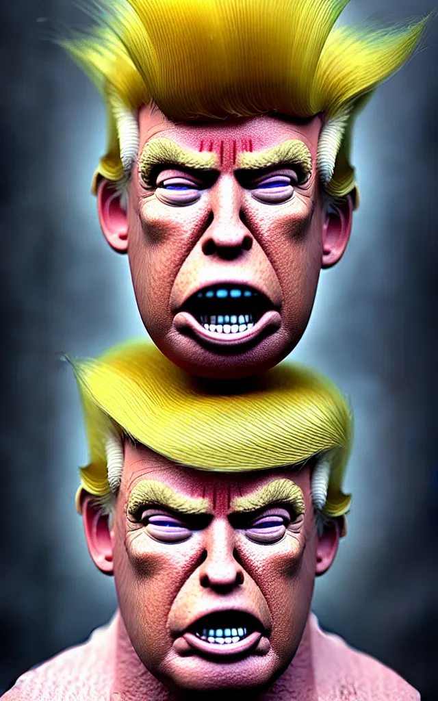 Image similar to hyperrealistic mixed media painting of Donald Trump as a Troll doll, stunning 3d render inspired art by P. Craig Russell and Barry Windsor-Smith + perfect facial symmetry + dim volumetric lighting, head and shoulders, serious expression, 8k octane beautifully detailed render, post-processing, extremely hyperdetailed, intricate, epic composition, grim yet sparkling atmosphere, cinematic lighting + masterpiece, trending on artstation, very detailed, masterpiece, stunning