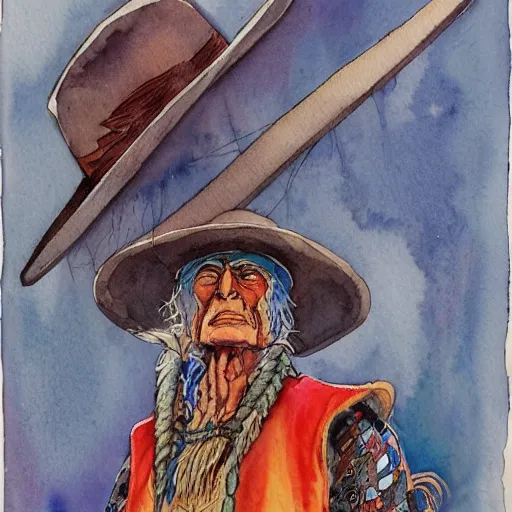 Image similar to a 3 / 4 view watercolor ink painting of old shaman and american man near, old mexican magician closes eyes, gray haired, in the style of jean giraud in the style of moebius trending on artstation deviantart pinterest detailed realistic hd 8 k high resolution