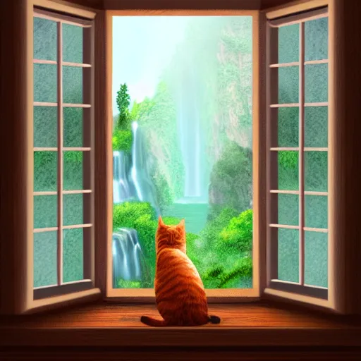 Image similar to a beautiful landscape including a waterfall and a forest through a window, cat sitting on the edge of the window, illustration, digital art, trending on artstation, no signature