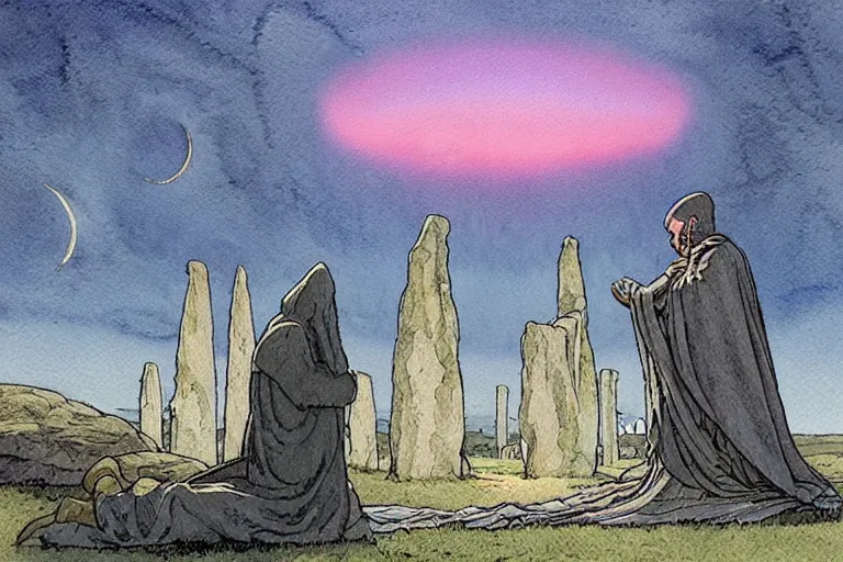 Image similar to a realistic and atmospheric watercolour fantasy concept art of a ufo landing in a floating stonehenge. medieval monk in grey robes is on his knees praying. a crescent moon in the sky. muted colors. by rebecca guay, michael kaluta, charles vess and jean moebius giraud