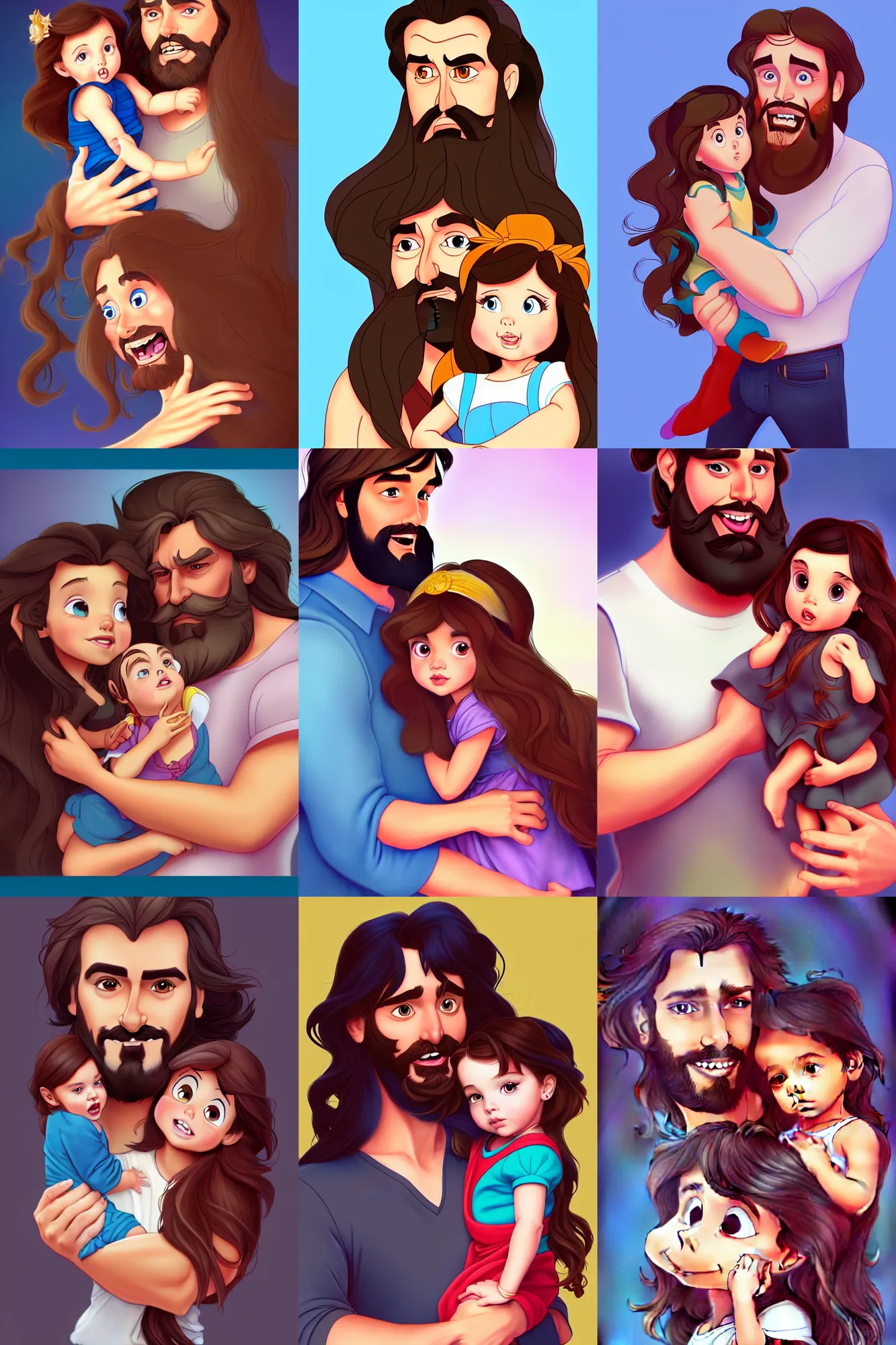 Image similar to a long - haired bearded father and his brunette child toddler girl full color digital illustration in the style of don bluth, artgerm, artstation trending, 4 k