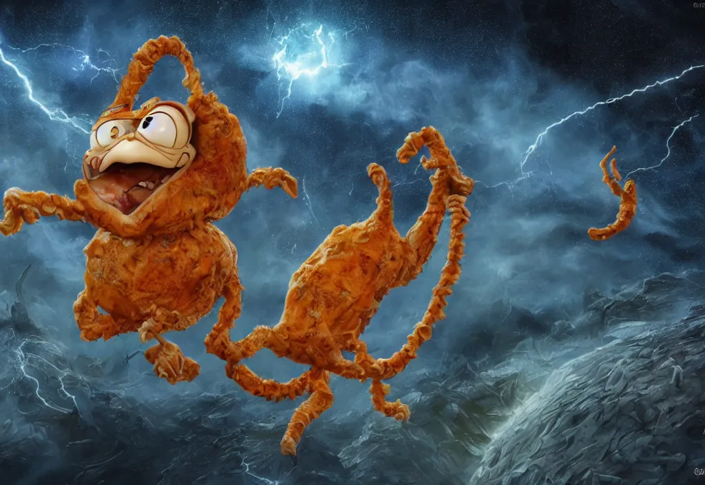 Image similar to eldritch horror bloody garfield in space, hd, 8 k, giant, epic, realistic photo, unreal engine, prophecy, powerful, cinematic lighting, destroyed planet, debris, violent, sinister, ray tracing, dynamic, epic composition, dark, horrific, teeth, grotesque, monochrome drawing, hellscape, corpses, foreboding, lightning, garfield cartoon eyes