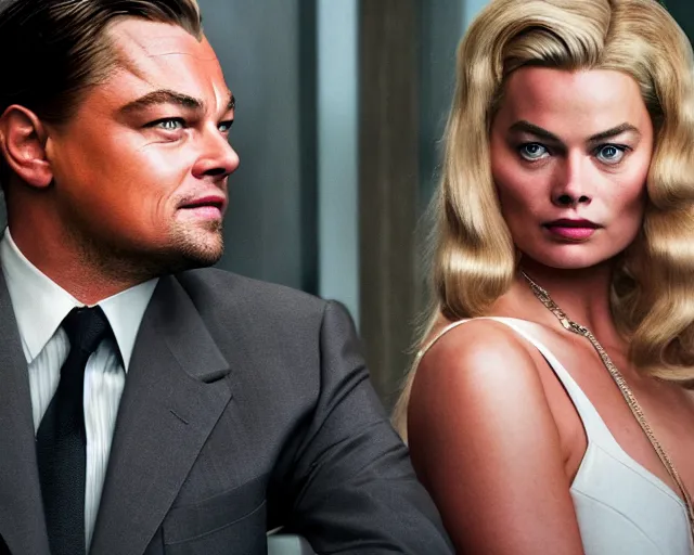 Image similar to leonardo dicaprio as the wolf of wall street next to margot robbie as naomi from the wolf of wall street, hyper realistic faces, detailed and hyper realistic eyes, cinematic, long shot, hyper detailed, 8 5 mm photograph, 8 k resolution, film still, sharp lens, wide lens