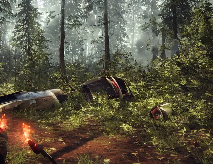 Image similar to a the forest game screenshot with a crashed plane, player is holding a lighter. ultra realistic