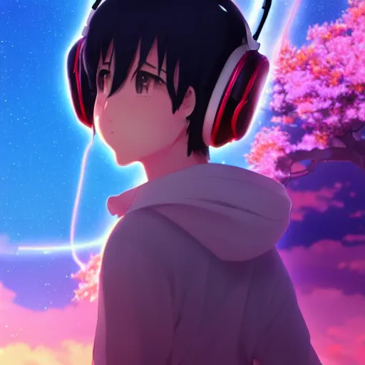 Image similar to an anime music producer with headphones on, official art, key visual, studio lightning, very detailed bd cover, Kimi no Na Wa, hyperrealistic, artstation, caustics, trending on Artstation, 8K, octane renderer, rtx on