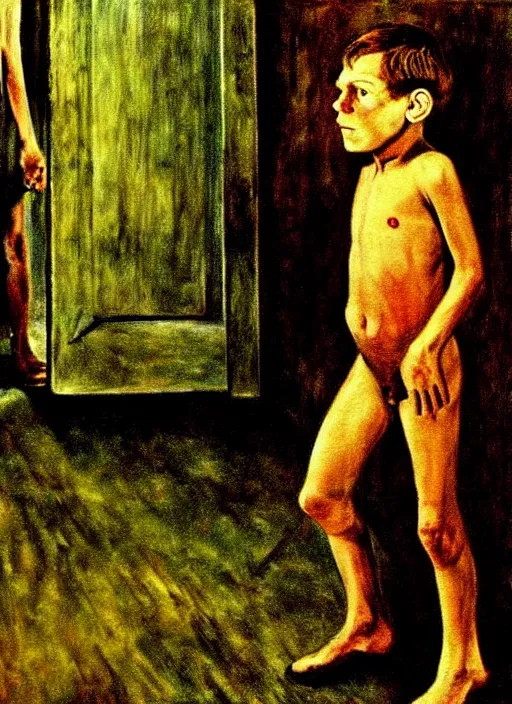 Image similar to detailed painting of a boy in a hall by otto dix, rich deep colors. masterpiece. still from a movie by Terrence Malick and Tarkovsky