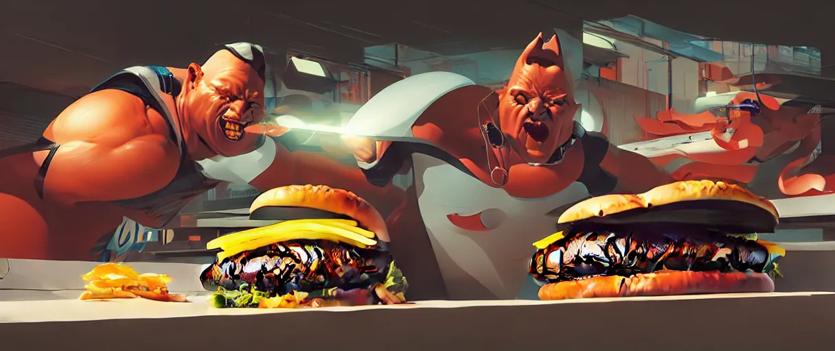 Prompt: hyperrealistic hyper detailed graphic novel choonky catman crushing burgers concept art james paick syd mead sharp cinematic lighting 8k wide angle shallow depth of field