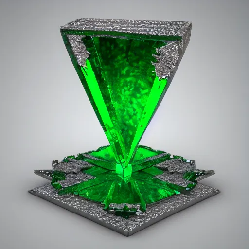 Prompt: abstract fractal shapes of emerald jewels and diamond and silver on mirror ground, beautiful abstract sculpture with realistic render, high definition, octane, unreal 5, 3 d reflections