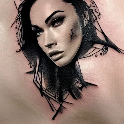 Image similar to double exposure tattoo sketch of megan fox with beautiful mountain scenery, hyper - realistic, in the style of den yakovelev, amazing detail, sharp