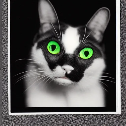 Prompt: an old polroid black and white cat highschool yearbook photo colorful bright green eyes, medium shot, hd, 8k, hyper-realism, detailed, octane 8k, gloomy, dark, creepy,