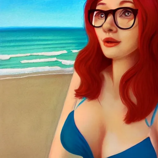 Prompt: very very very beautiful red haired woman wearing glasses and light blue sundress, beach background, eye contact, flirty, golden hour, drawn by artgerm