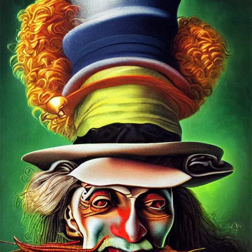 Prompt: close up of the mad hatter who looks like salvador dali in wonderland by jacek yerka and salvador dali, detailed matte painting, 8 k resolution