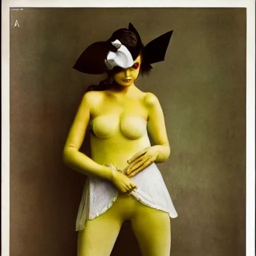 Image similar to elegant woman dressed up as pikachu, symmetry, art photo by Annie Liebovitz and Alphonse Mucha