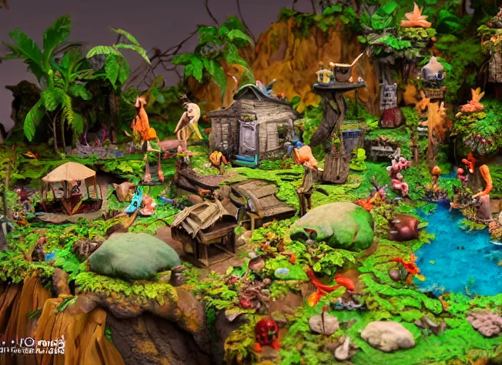 Image similar to detailed studio photography of a fantasy claymation diorama of an isometric tropical island game level design, zeiss lens, detailed, by erwin olaf, joop geesink, wes anderson, jim henson, brian froud, breathtaking, 8 k resolution, beautiful lighting, studio light, extremely detailed, establishing shot, realistic materials, hyperrealistic