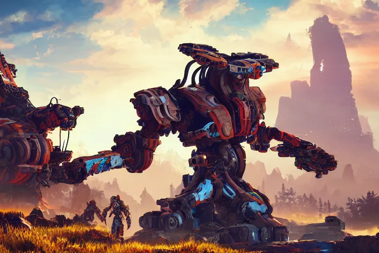 Image similar to scrapper machine mecanical creature robot of horizon forbidden west horizon zero dawn radiating a glowing aura global illumination ray tracing hdr fanart arstation by ian pesty and alena aenami artworks in 4 k